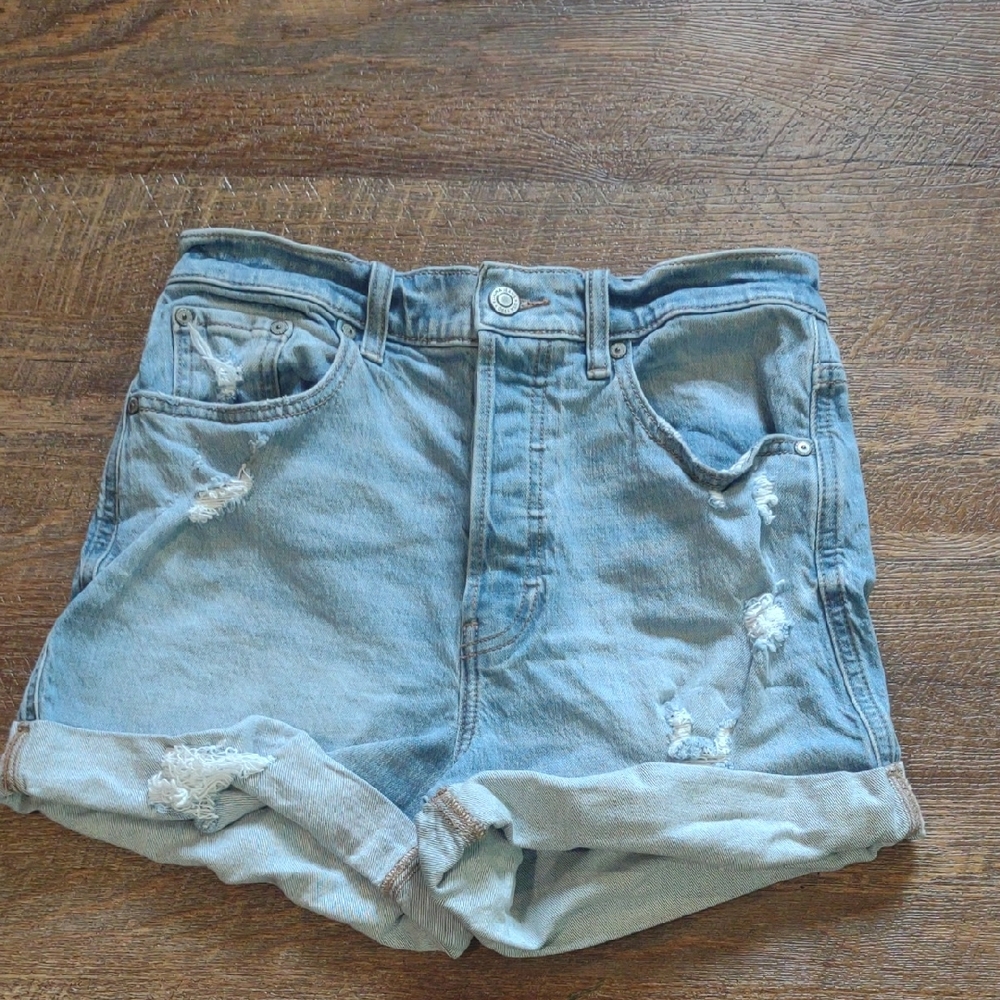 Eunina‎ Women's Small Distressed Ultra High Rise Denim Mom Shorts